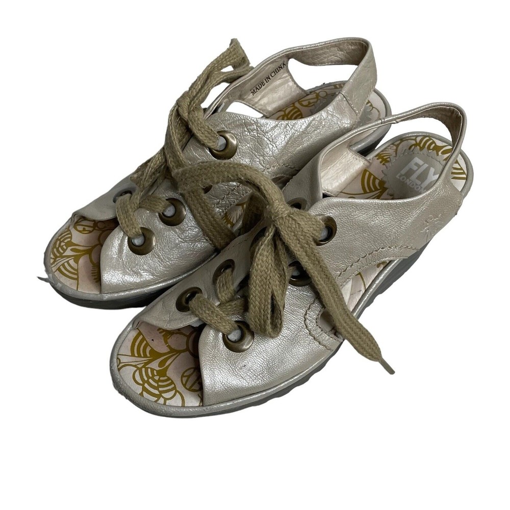 Fly London Ylfa Leather Lace Up Wedge Sandals Shoes US 7.5 EU 38 Pearlized a1 - Picture 6 of 10